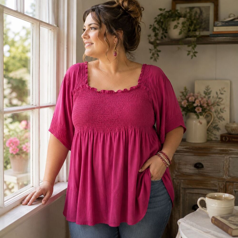 Ellos Womens 3X Pink Smocked Peasant Tunic Cotton Blend Boho Top